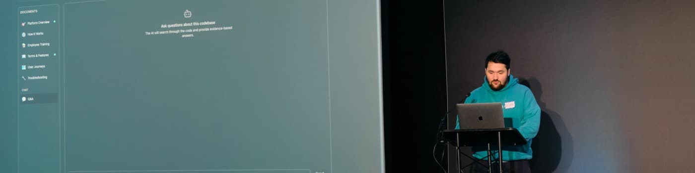 Eldar presenting at a hackathon