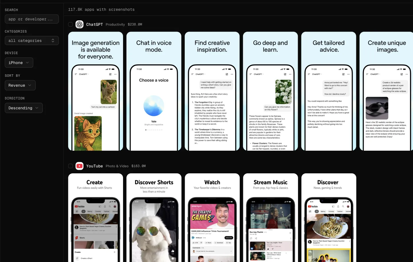 Competitor screenshot browser for ASO research